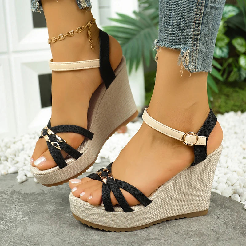 Women's Chunky Platform Wedge Sandals Non Slip Ankle Strap with Metal Cross on Band