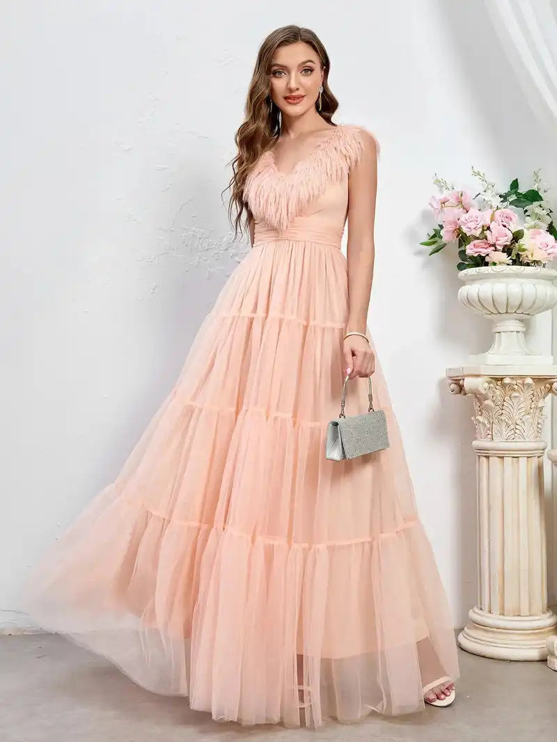 Elegant Wedding Dress Dusty Pink Ruched Backless Long Evening Party Bridesmaids Gowns Sexy Puffy Feather Sleeve Prom Dress