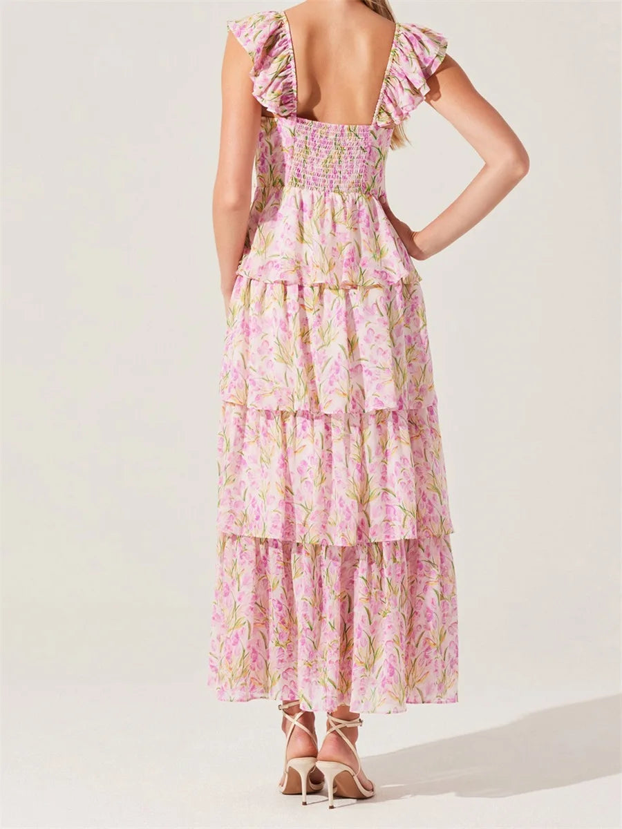 Elegant Off-Shoulder Maxi Dress with Delicate Floral Print and Flowy Ruffled Layers Perfect for Spring and Summer Events - Just The Fly Way