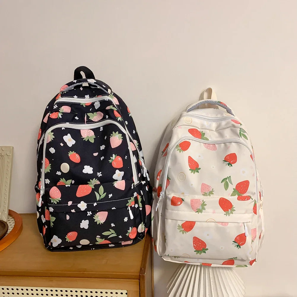 Women Strawberry Pattern Backpack Adjustable Strap Strawberry School Backpack Large Capacity Students Daily Backpack - Just The Fly Way