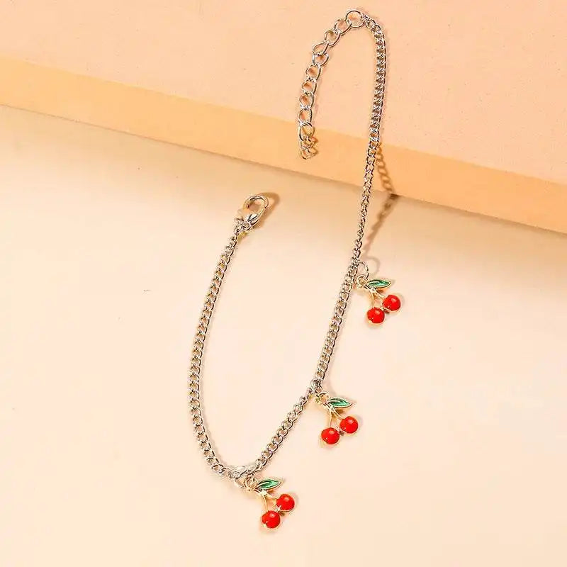 Adjustable Red Cherry Charm Anklet for Women – Silver Chain Ankle Bracelet, Jewelry Gift - Just The Fly Way
