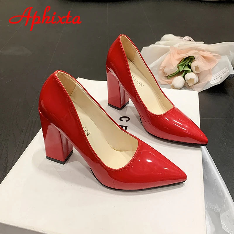 Women's Patent Leather 10cm Square Heel Shoes by Aphixta - Extended Sizes 31-50