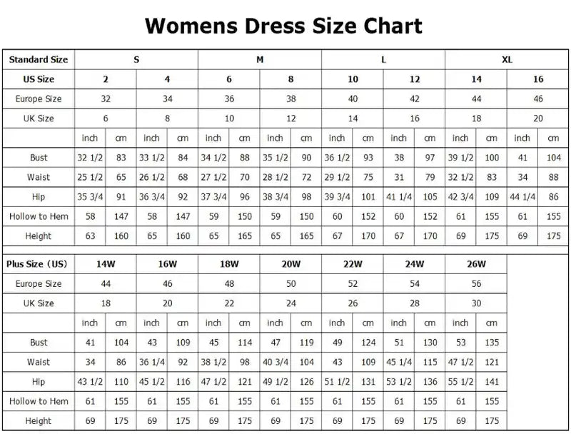 Women's dress size chart showing standard and plus sizes with detailed measurements for bust, waist, and hips.
