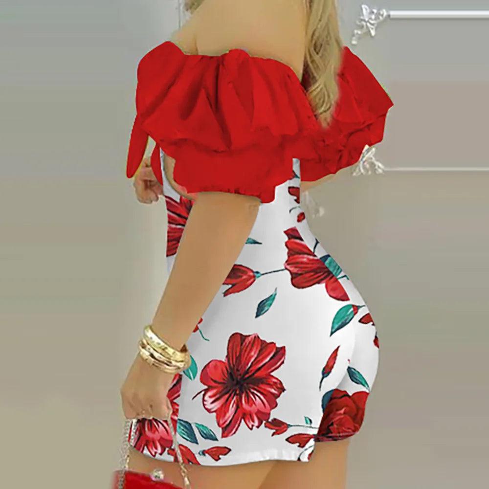 Flower Print, Shorts Romper, Off Shoulder Sleeves, Hollowed Back And Sides - Just The Fly Way