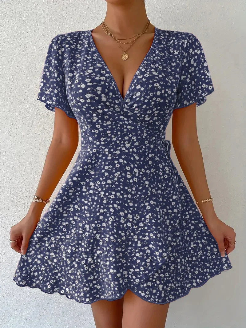 Women Sexy Printed A Line Dress Summer Bohemian V-Neck Short Sleeved Mini Dresses - Just The Fly Way
