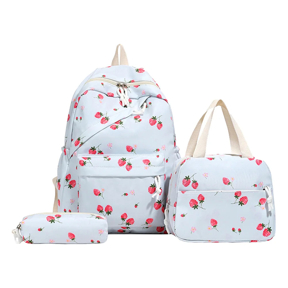 3-Piece Strawberry School Backpack Set with Lunch Box and Pencil Case
