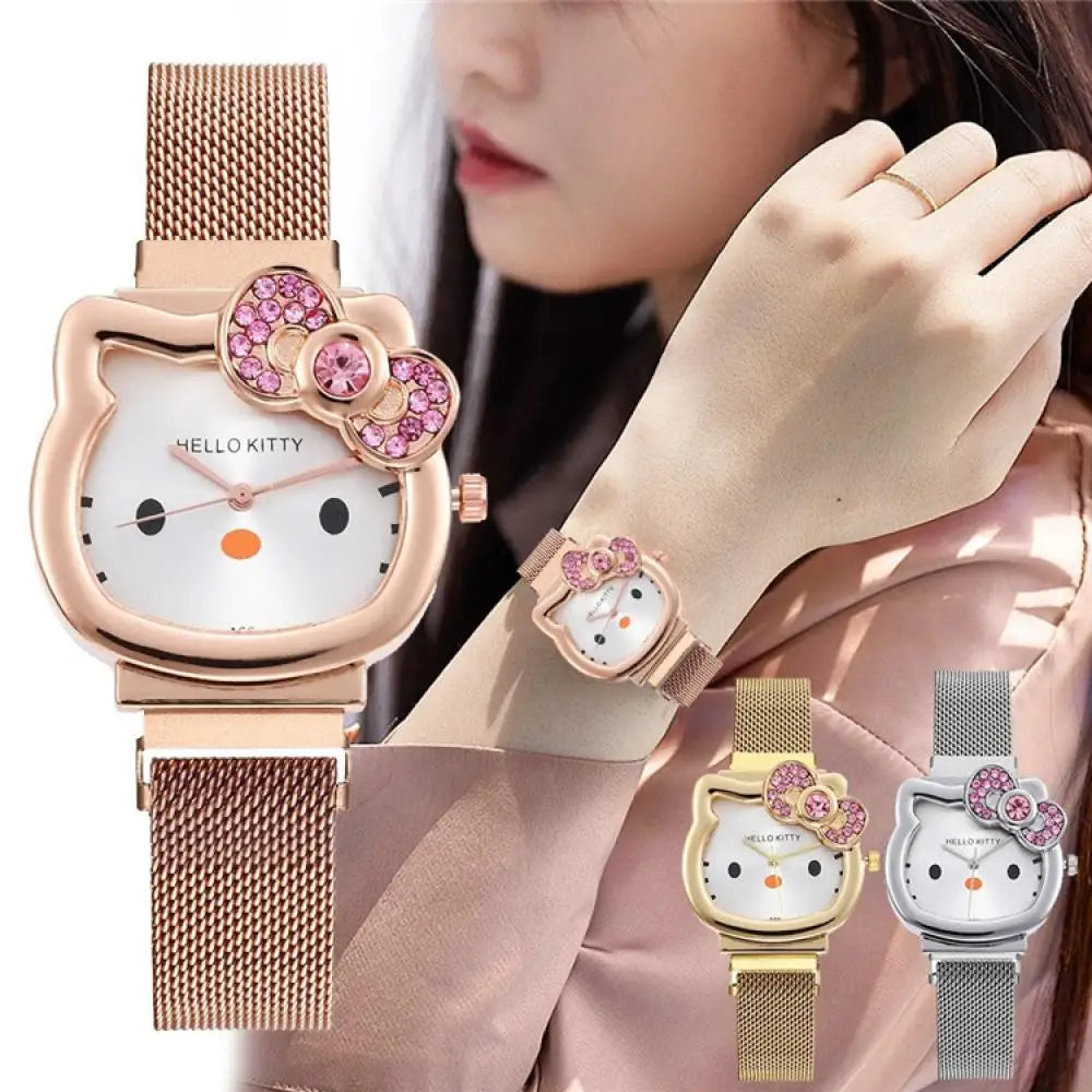 Gold or Silver Metal Ladies Kawaii Pink Hello Kitty Rhinestone Watch