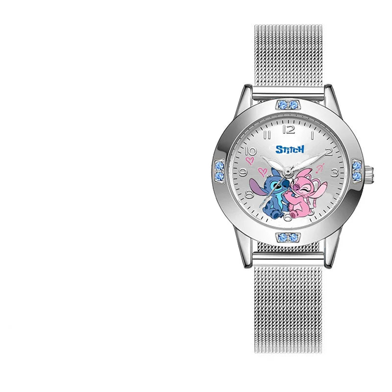 Silver watch with cartoon characters on the dial against a white background