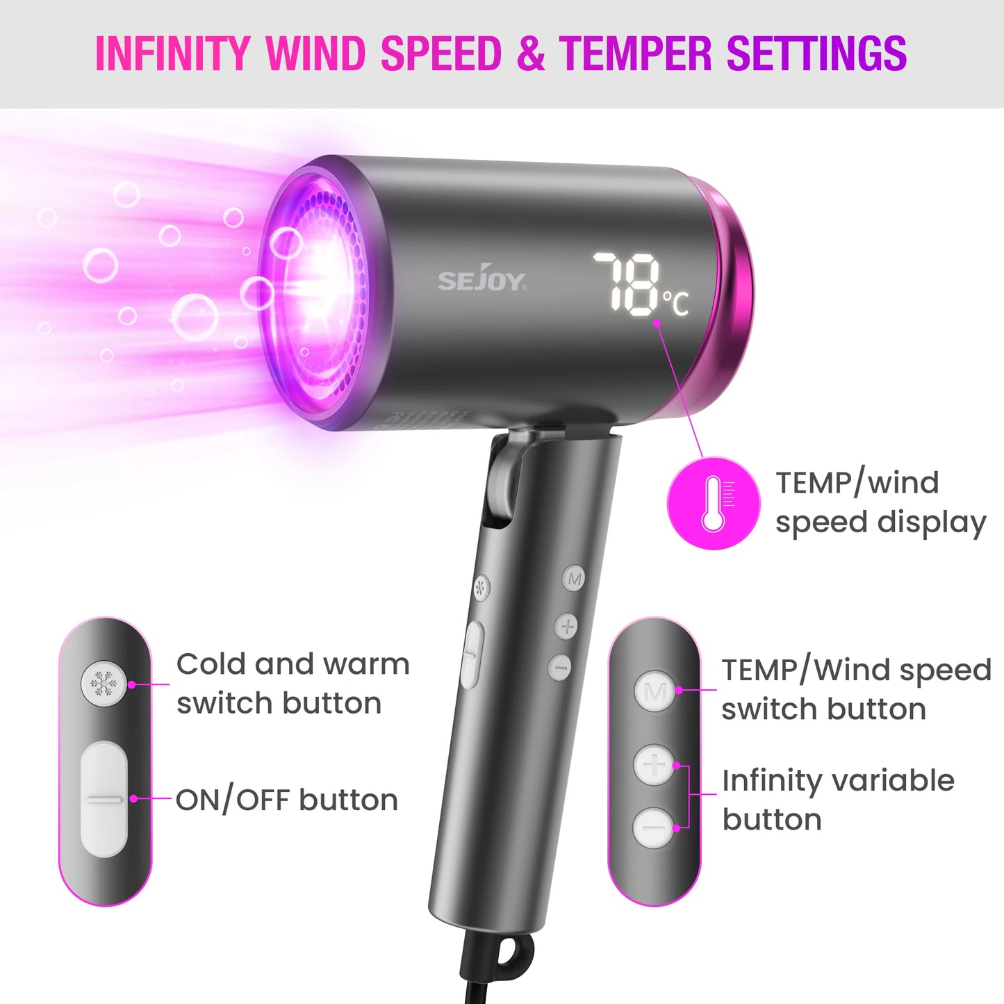 Hair Dryer with LED Display – Sejoy High Speed 1800W Compact Negative Ion Blow Dryer for Fast, Smooth Drying and Travel-Friendly Design - Just The Fly Way