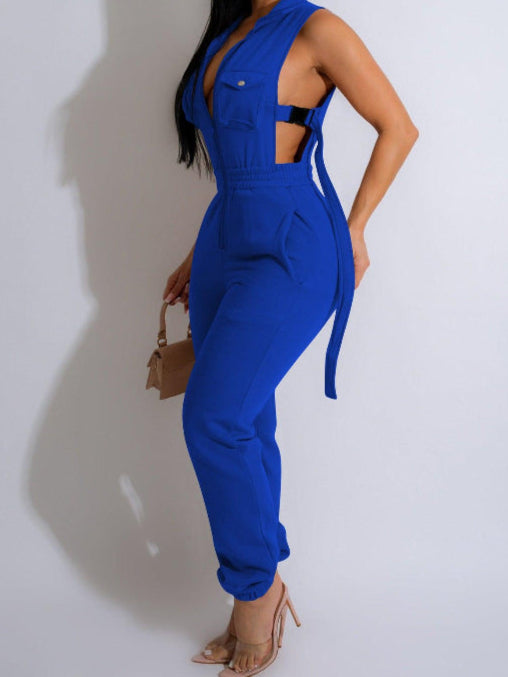 Sleek Jogger Romper With Single-breasted Front, Stylish Buckle Closure, Open Sides - Just The Fly Way