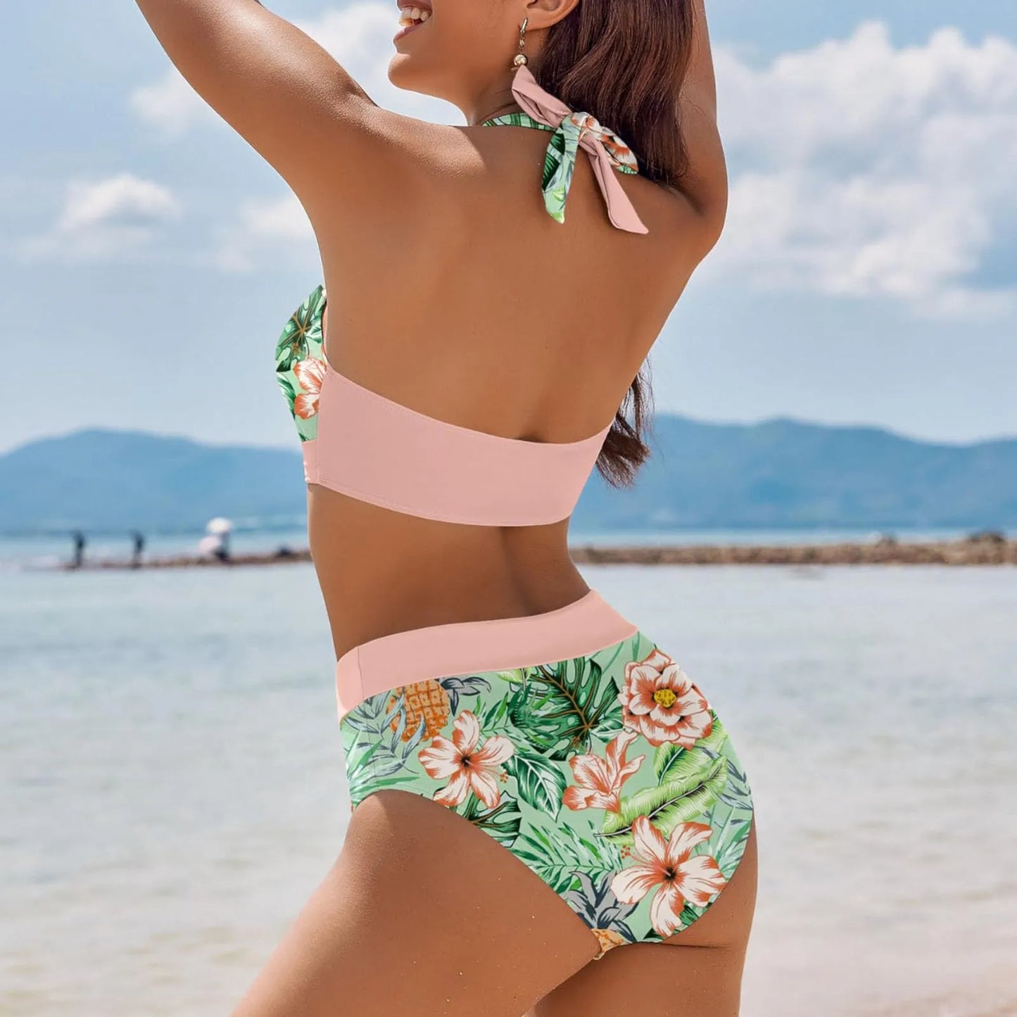 Fashionable, Bold and Beautiful Dressbikini Beach Colour Block Floral Printed Women's Swimsuit High Waist Two Piece For Teenagers biquinis feminino tendência 2024