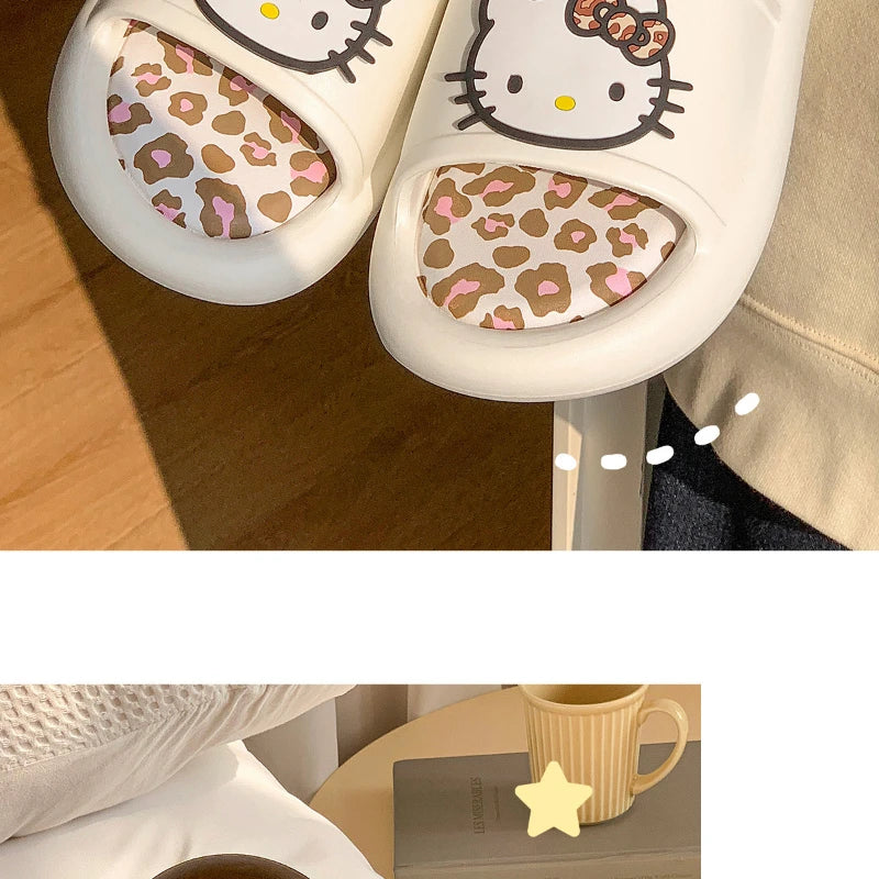 Miniso Hello Kitty Cute Leopard Print Slippers Trendy Open-Toe Slide Sandals in Chic Two-Tone Design Comfortable EVA Material