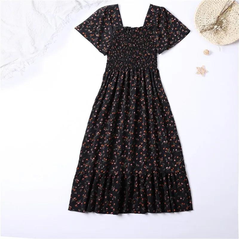 Easy Breezy Floral Printed Lightweight Versatile Chiffon Dress With Short Sleeves and Elastic Waist - Just The Fly Way