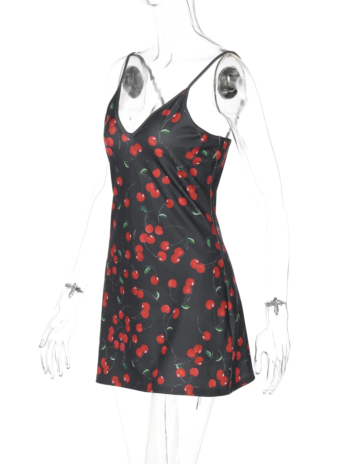 Women's Printed Black Cherry Spaghetti Strap Dress - Just The Fly Way