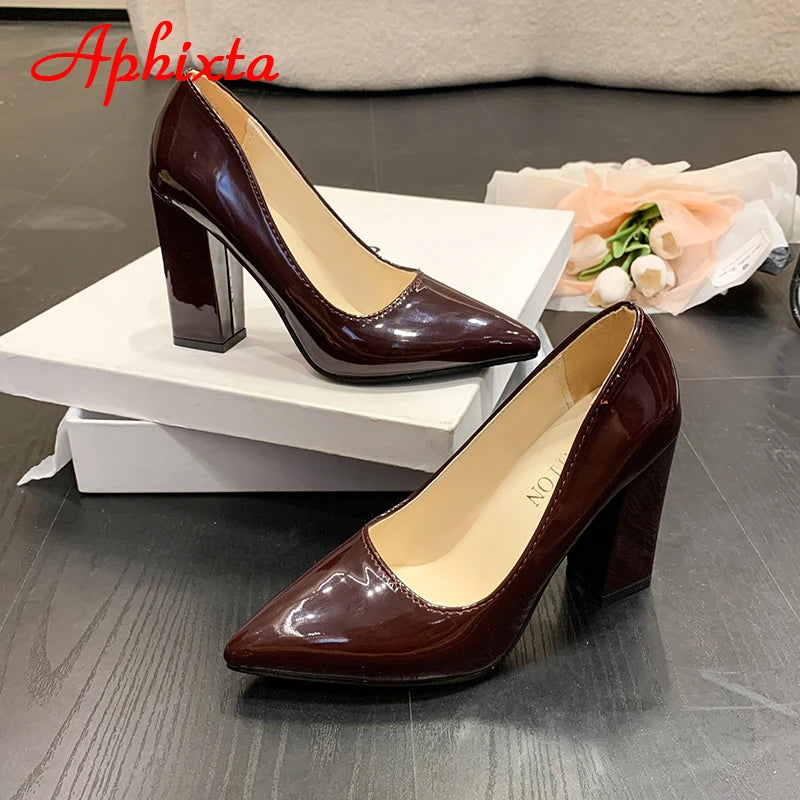 Women's Patent Leather 10cm Square Heel Shoes by Aphixta - Extended Sizes 31-50