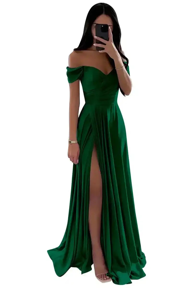 Elegant Women’s Off-the-Shoulder A-Line Evening Gown: Customized Slit Long Pleated Satin Dress