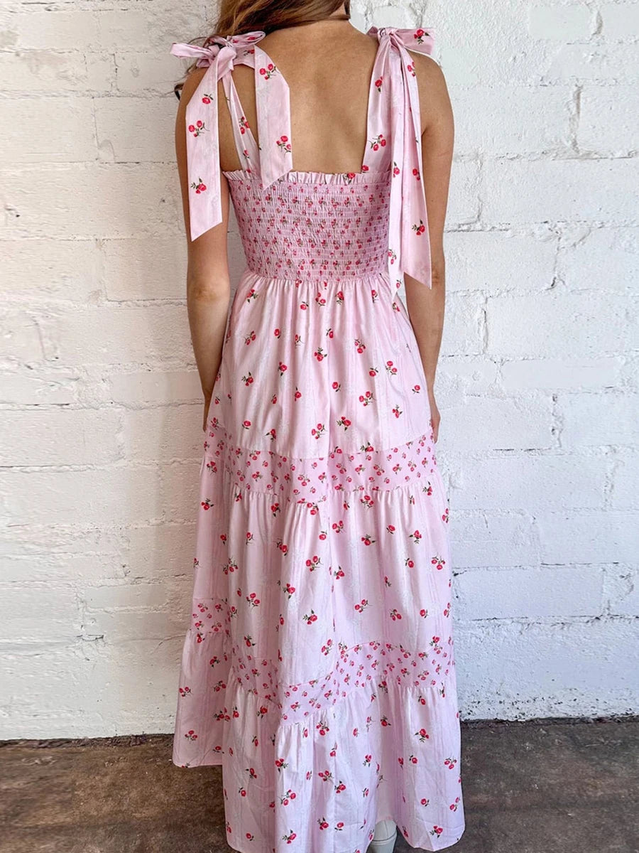 Elegant V-Neck Maxi Dress Sleeveless Floral Print Tie-Up Dress for Summer Beach Wedding Party or Daily Wear - Just The Fly Way