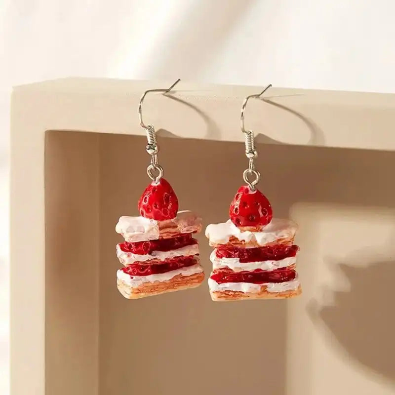 Unique Strawberry Cake Earrings, Food Shaped Ear Rings, Handcrafted Eardrops Ear Pendants - Just The Fly Way
