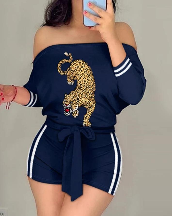 Printed, Off Shoulder, Tied Sash At Waist, Shorts Romper - Just The Fly Way