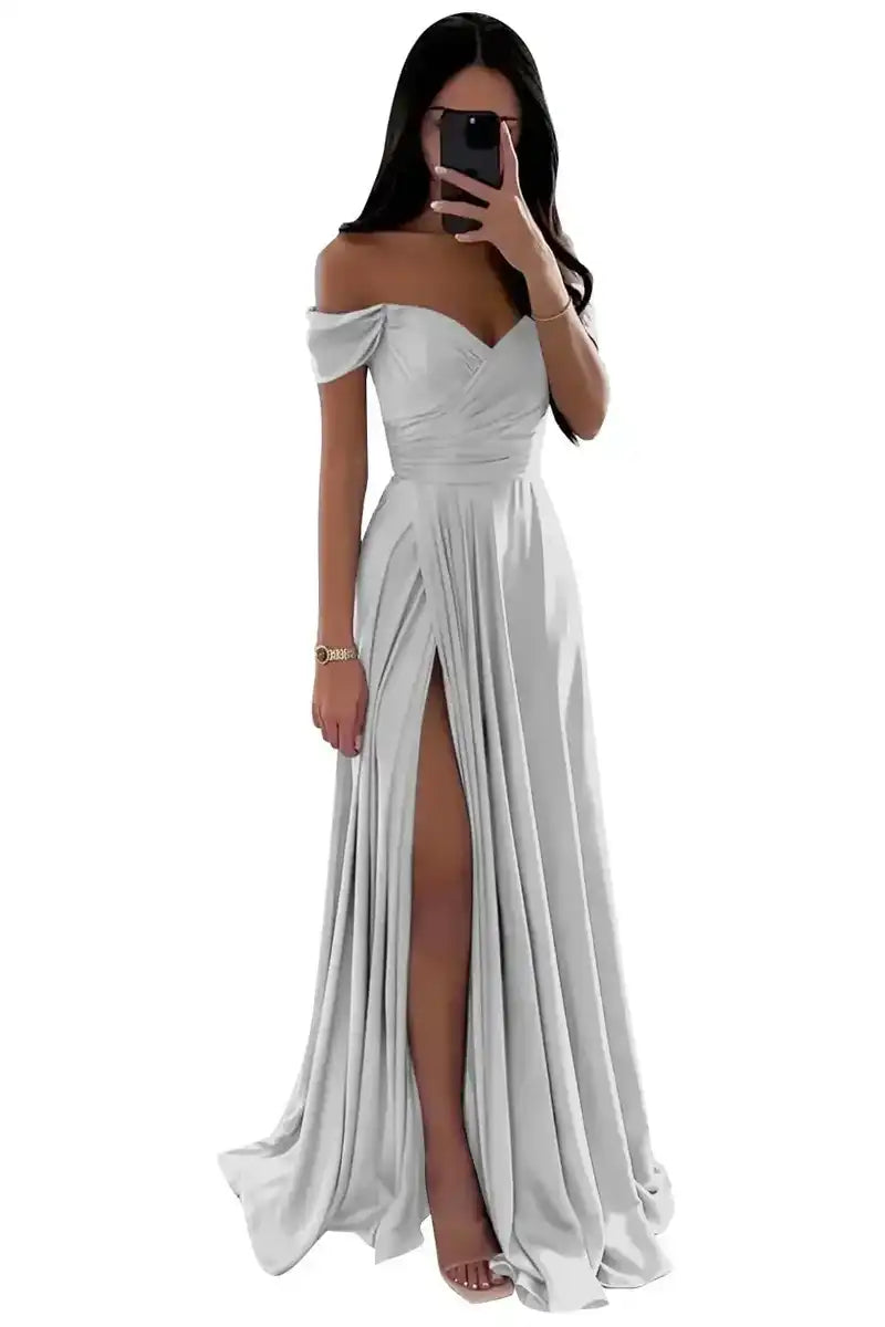 Elegant Women’s Off-the-Shoulder A-Line Evening Gown: Customized Slit Long Pleated Satin Dress