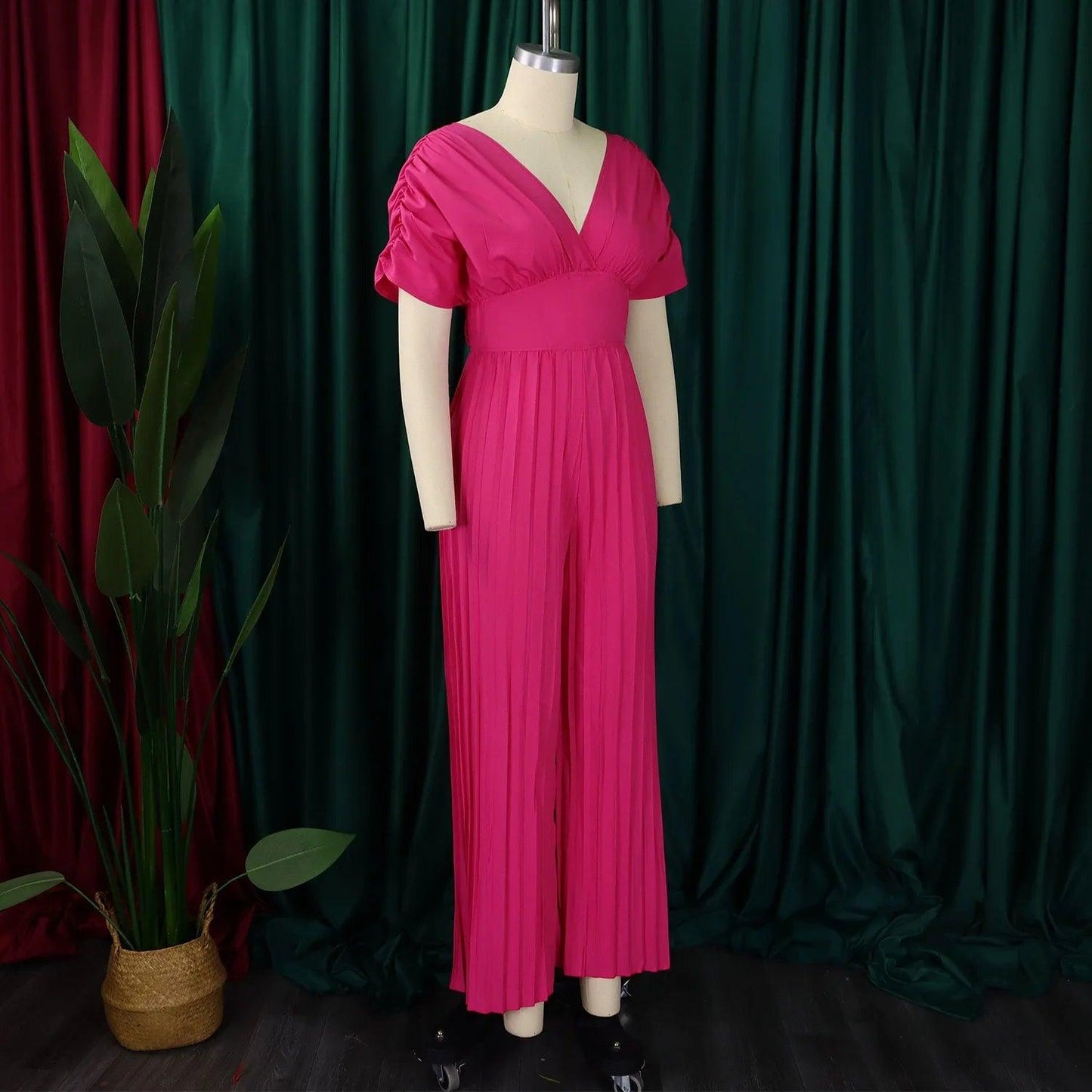 Elegant V-neck Solid Color Fashion Pleated Wide leg Jumpsuit, Pants Romper - Just The Fly Way