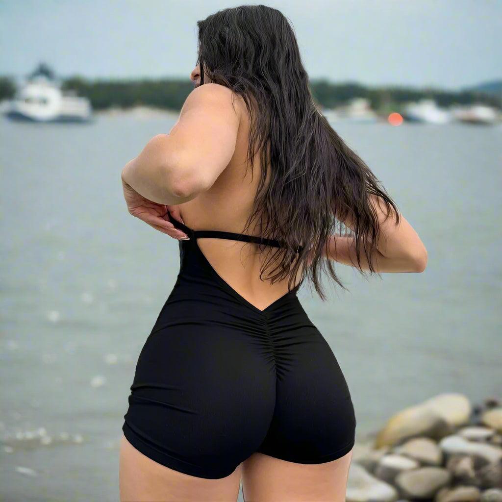 Sleek Halter Black Romper, Sleeveless, Backless - Just The Fly Way