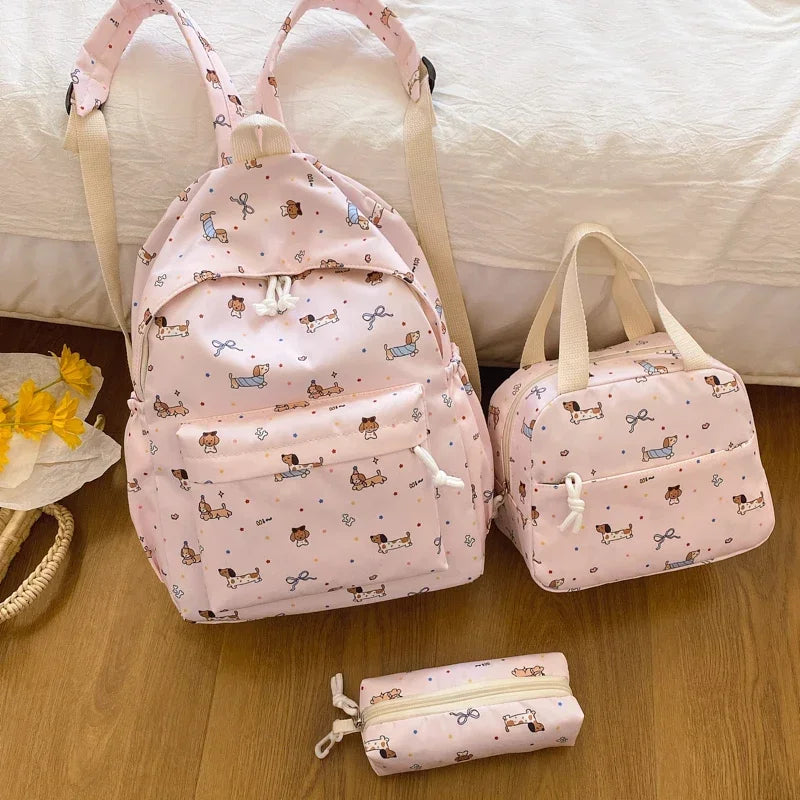 3Pc Cute Large Capacity Nylon Handbag, Backpack & Pencil Case Set with Adjustable Straps