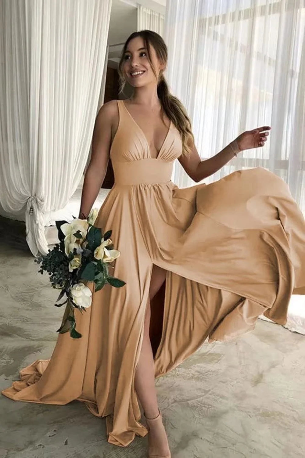 Elegant A-Line Split V-Neck Women's Party Formal Dress Sleeveless Floor Length Birthday Gown