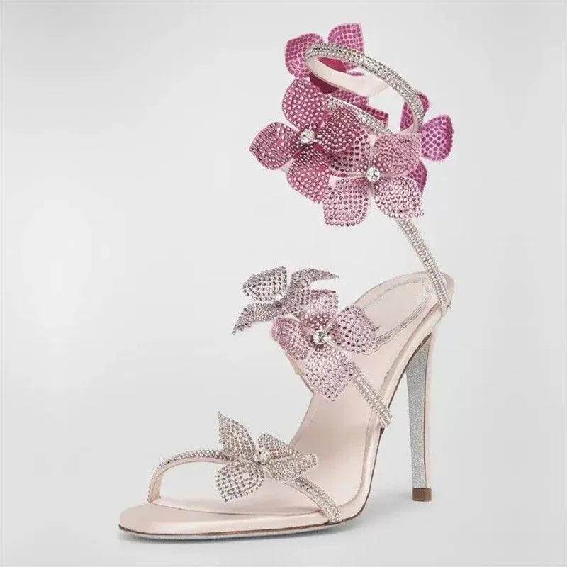 Be BOLD in the Gorgeous CRYSTAL Flower, Ankle Strap Sandals, High Heels - Just The Fly Way