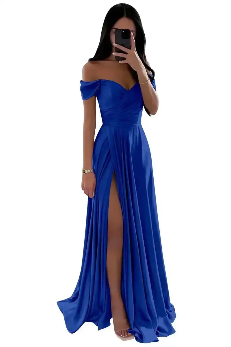 Elegant Women’s Off-the-Shoulder A-Line Evening Gown: Customized Slit Long Pleated Satin Dress