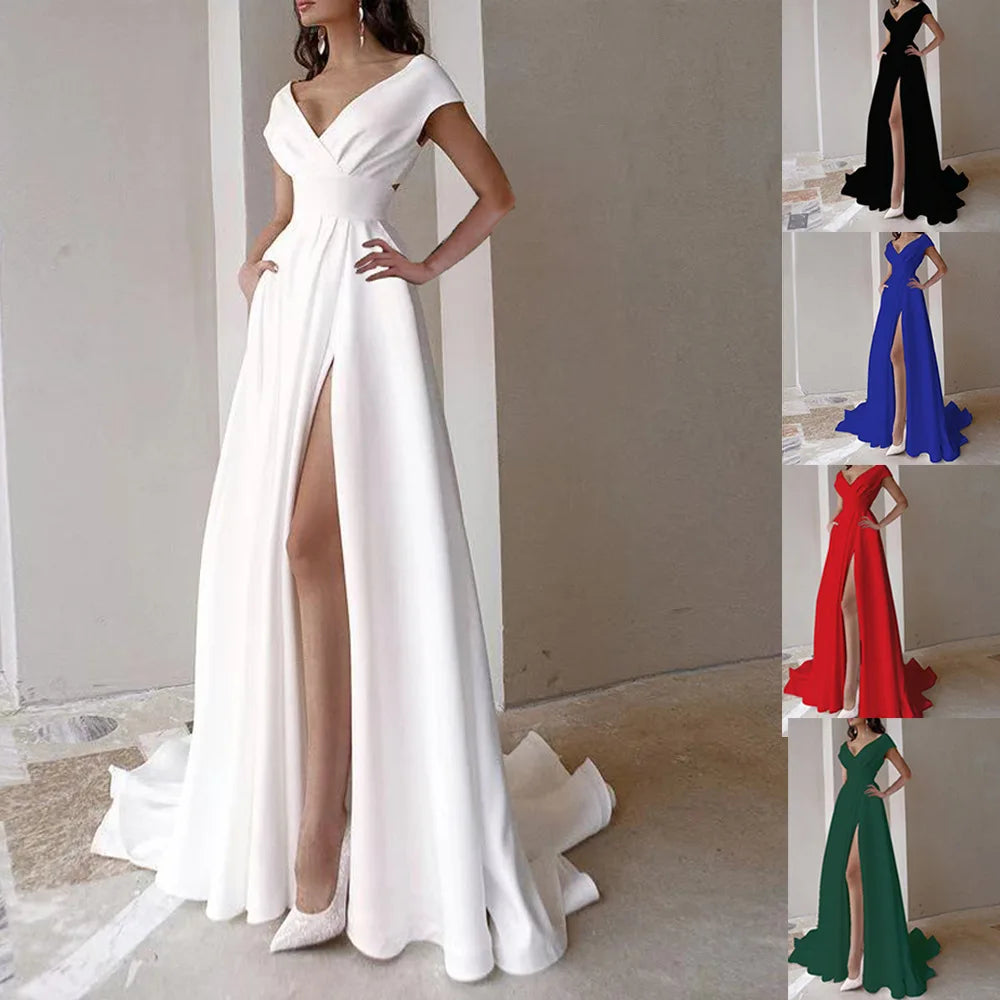 Off Shoulder Solid Women Dress Sleeveless Backless Split Lady Dresses 2024 Fashion Wave Cut Evening Party Female Maxi Vestidos