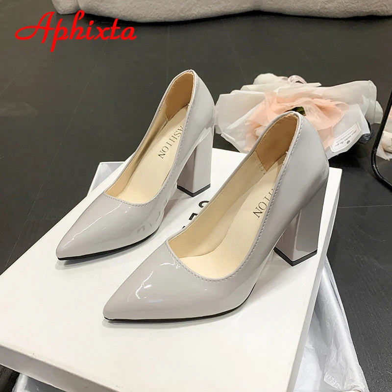 Women's Patent Leather 10cm Square Heel Shoes by Aphixta - Extended Sizes 31-50