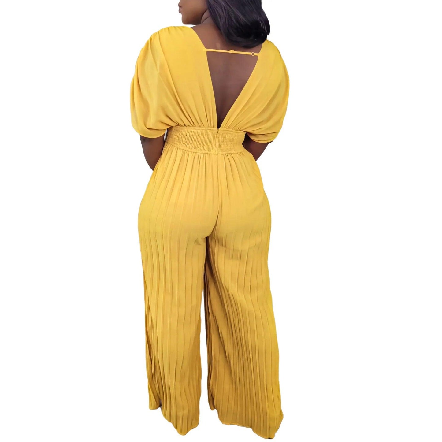Elegant V-neck Solid Color Fashion Pleated Wide leg Jumpsuit, Pants Romper - Just The Fly Way