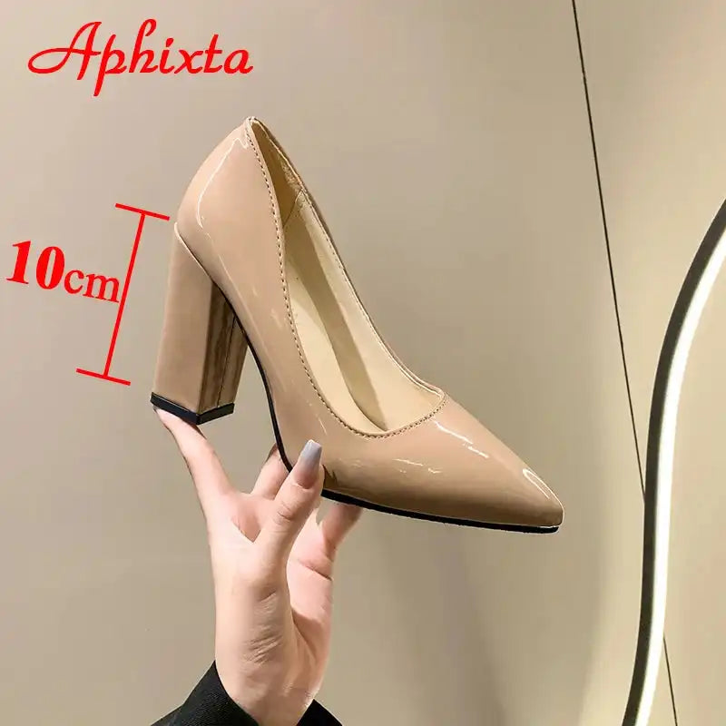 Women's Patent Leather 10cm Square Heel Shoes by Aphixta - Extended Sizes 31-50