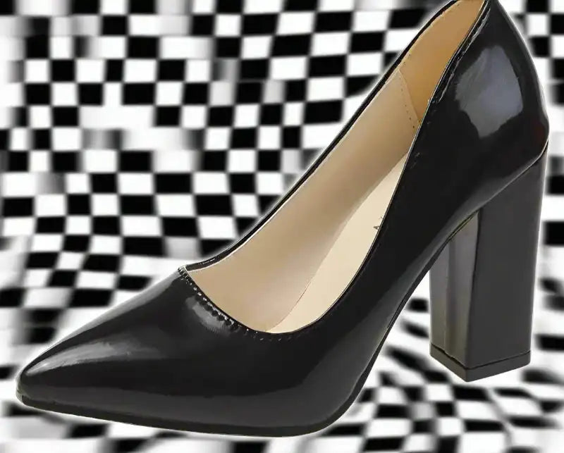 Black patent leather high heel shoe on a white background with 'Aphixta' branding.