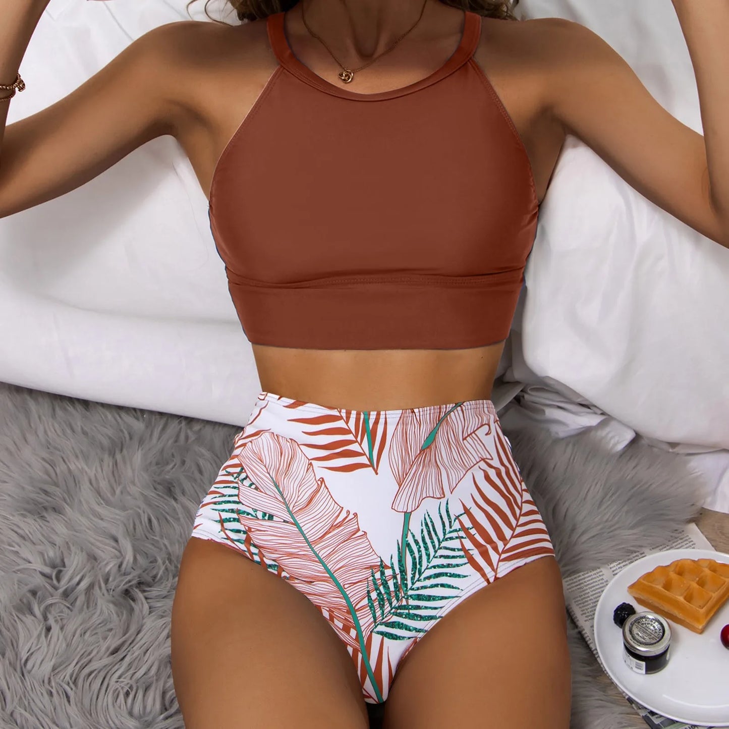 Fashionable, Bold and Beautiful DressWomen'S Tropical Printed Sexy Split Swimsuit Sports Tight Fitting High Waist Bikini Set High Elastic Swimwear Women'S Swimsuit