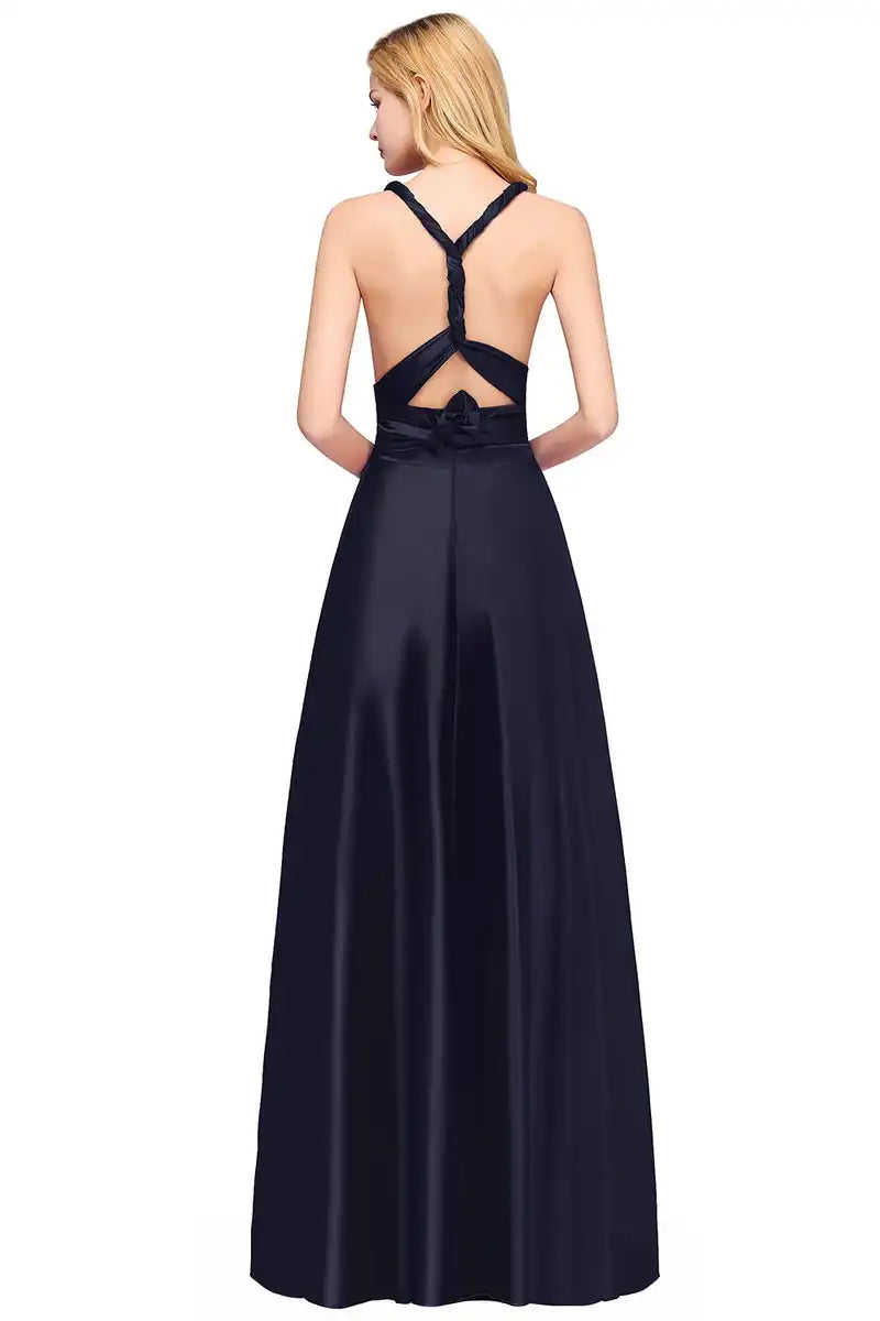Bridesmaid Dress - Convertible Gown in navy blue with halter back tie and floor-length satin skirt. Sleeveless multiway wrap design for formal events.