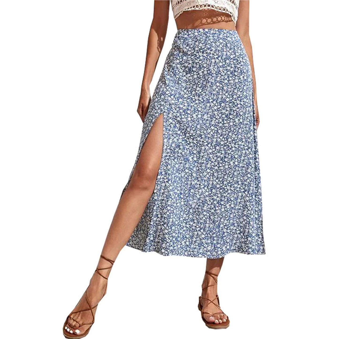 Women s Floral Print Midi Skirts Mid Waist Side Slit Skirts Spring Summer Fashion Casual A-line Skirts - Just The Fly Way