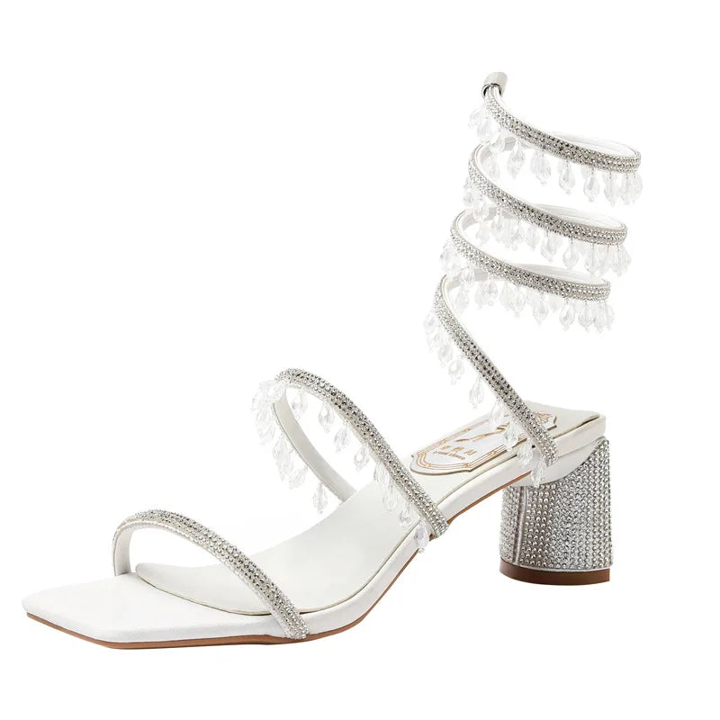 Fashionable, Bold and Beautiful Dress2025 Spring/Summer New Water Diamond Jewel Wrist Wrapped Snake-shaped High Heel Sandals Sexy Large Size Shoe Girl Women Sandals