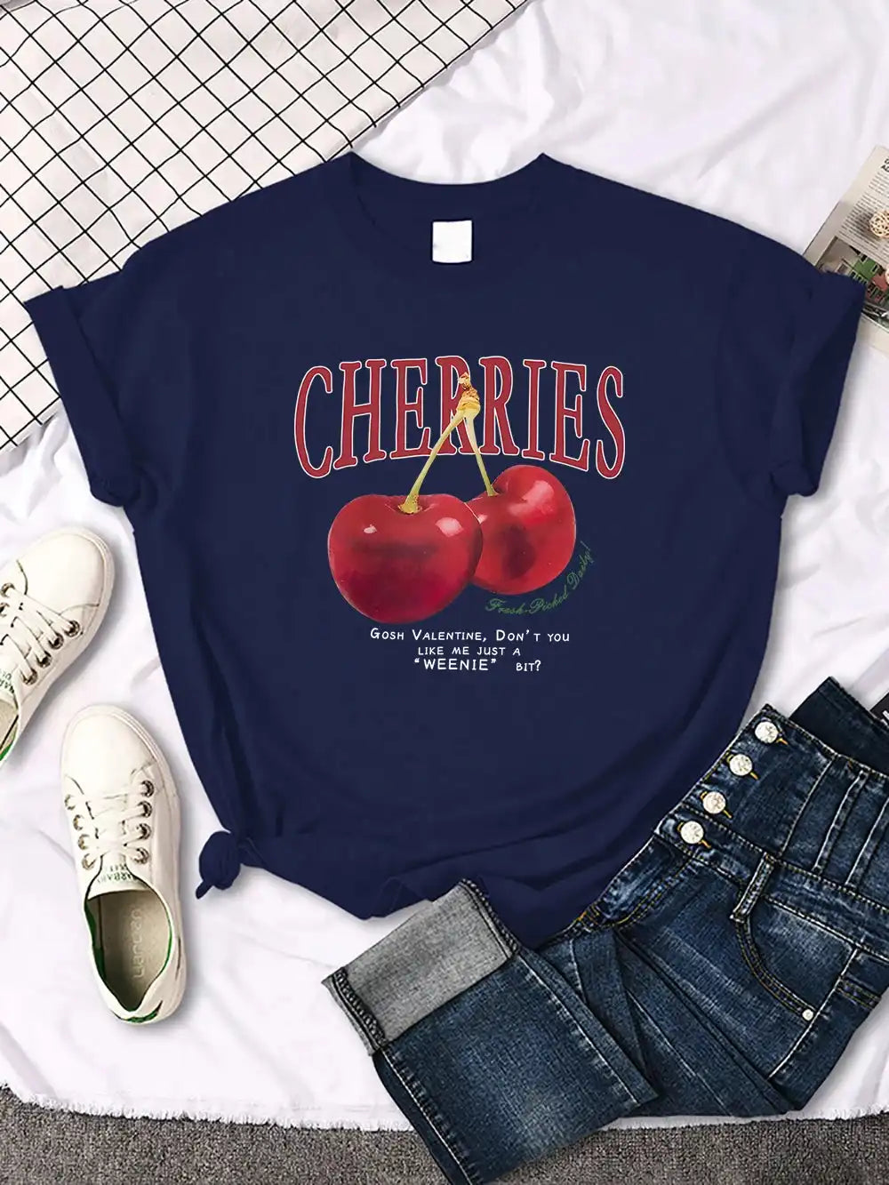 Comfortable Women's Cherry T-Shirt | Trendy Cherry and Letter Pattern Tees - Just The Fly Way