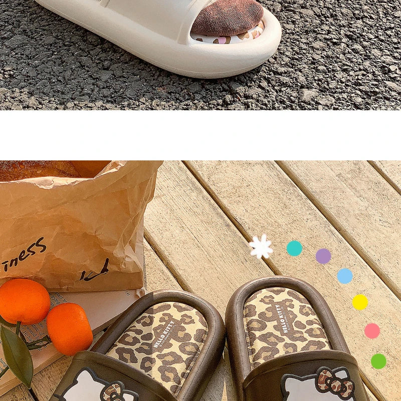 Miniso Hello Kitty Cute Leopard Print Slippers Trendy Open-Toe Slide Sandals in Chic Two-Tone Design Comfortable EVA Material