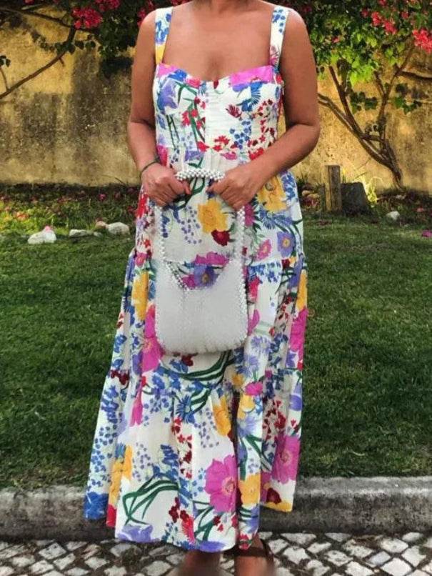 Colorful Printed Dress with a Square Neck Mid Rise and Sleeveless Hidden Zipper - Just The Fly Way