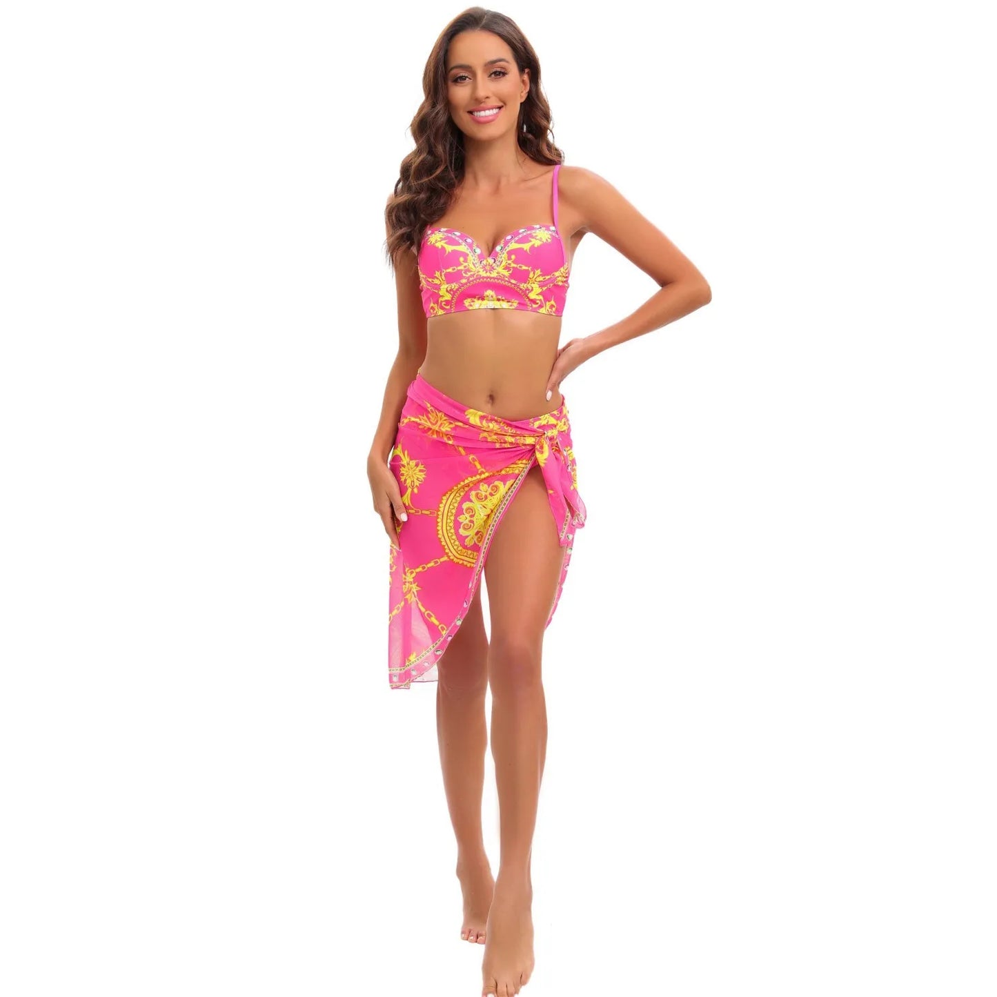Three Piece Push Up Bikini Set, Black Gold Swimsuit with Skirt Cover Up - Just The Fly Way