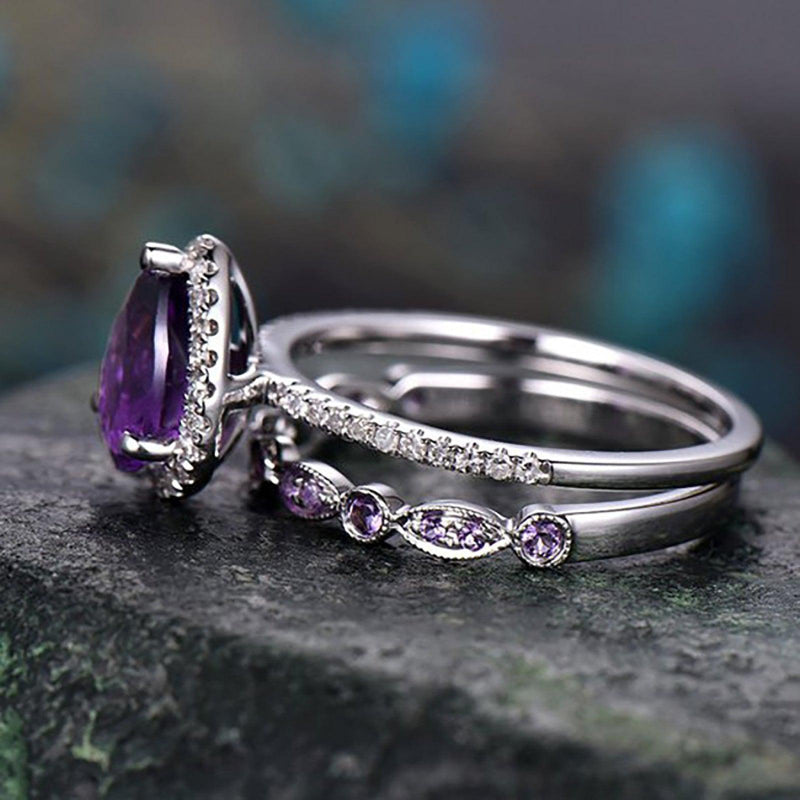 Shining Amethyst Ring, Tear Drop Shape, Cubic Zirconia Accent - Just The Fly Way