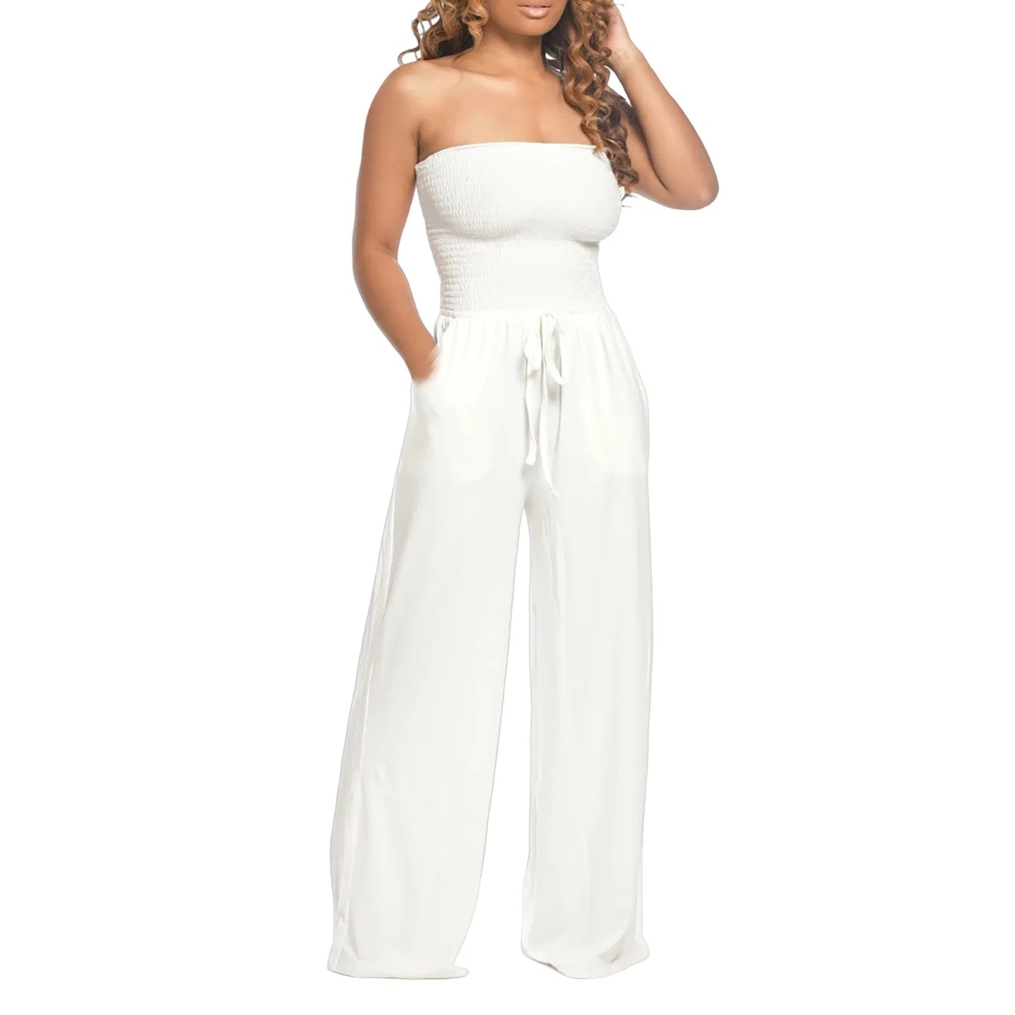 Elegant Soft Lace Jumpsuits Glitter Romper Women Solid Ruffle Lace Sleeveless Lace Up Jumpsuit Medium Length Straight Trousers - Just The Fly Way