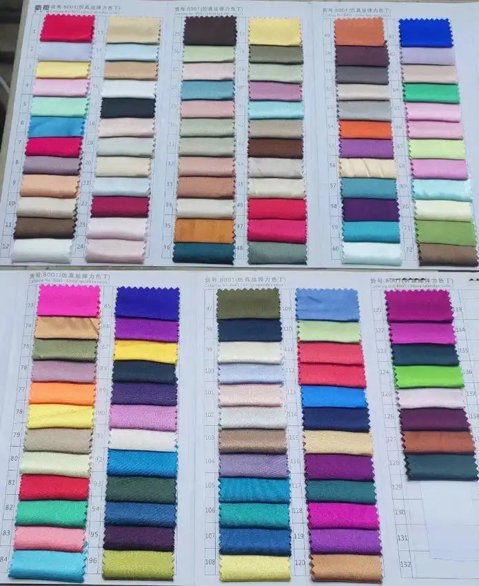 Color swatch chart with satin fabric samples for custom bridesmaid dresses, offering a variety of shades and tones.
