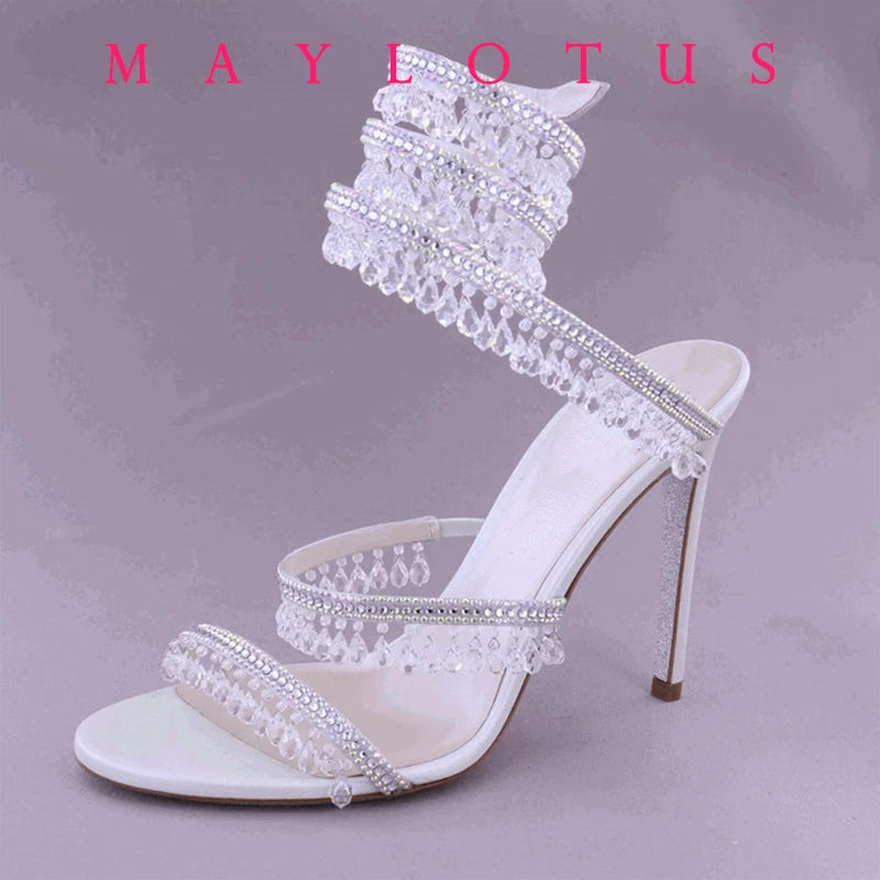 Fashionable, Bold and Beautiful Dress2025 Spring/Summer New Water Diamond Jewel Wrist Wrapped Snake-shaped High Heel Sandals Sexy Large Size Shoe Girl Women Sandals