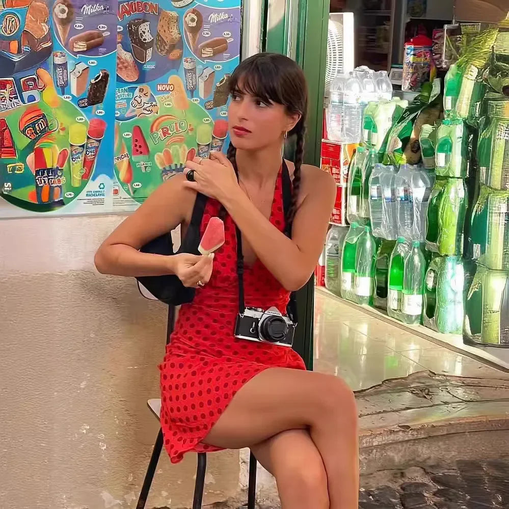 Sweet and Spicy French Style Vintagered Polka Dot Halter Mini Dress - Just The Fly Way