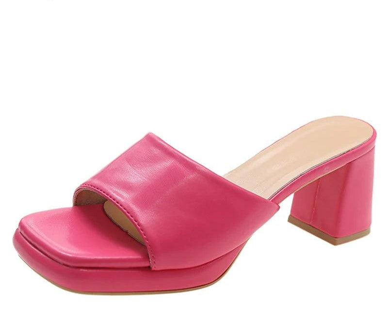 Women's Slide Shoes With Chunky Heels And Peep Toe Design - Just The Fly Way