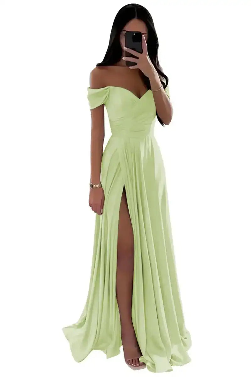 Elegant Women’s Off-the-Shoulder A-Line Evening Gown: Customized Slit Long Pleated Satin Dress